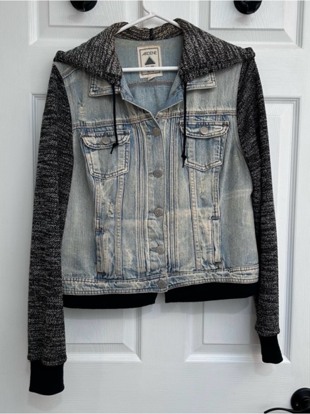 Ardene Light Blue Denim Jacket with Charcoal Knit Hood & Sleeves